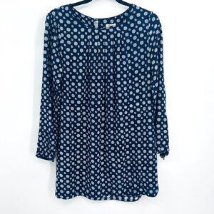 FOREVER 21 Navy Blue White Medallion Print Pleated Neck Blouse Top Size Large